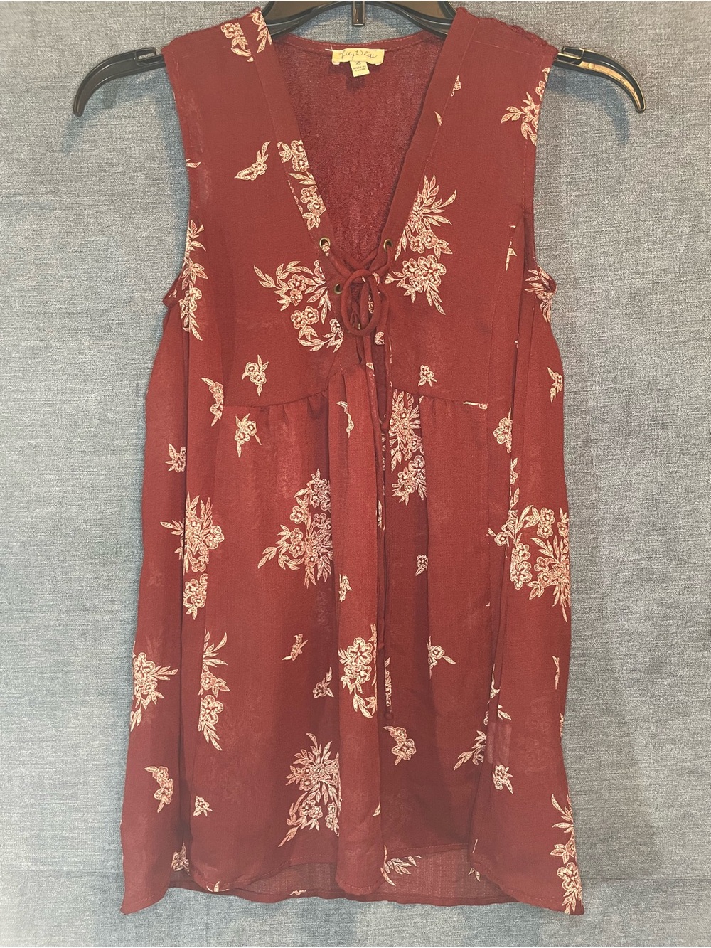 Lily White Burgundy Floral Tie-Front Sleeveless Tunic